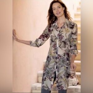 Soft Surroundings Long Sleeve Button Front Floral Print Long Tunic Blouse Size L